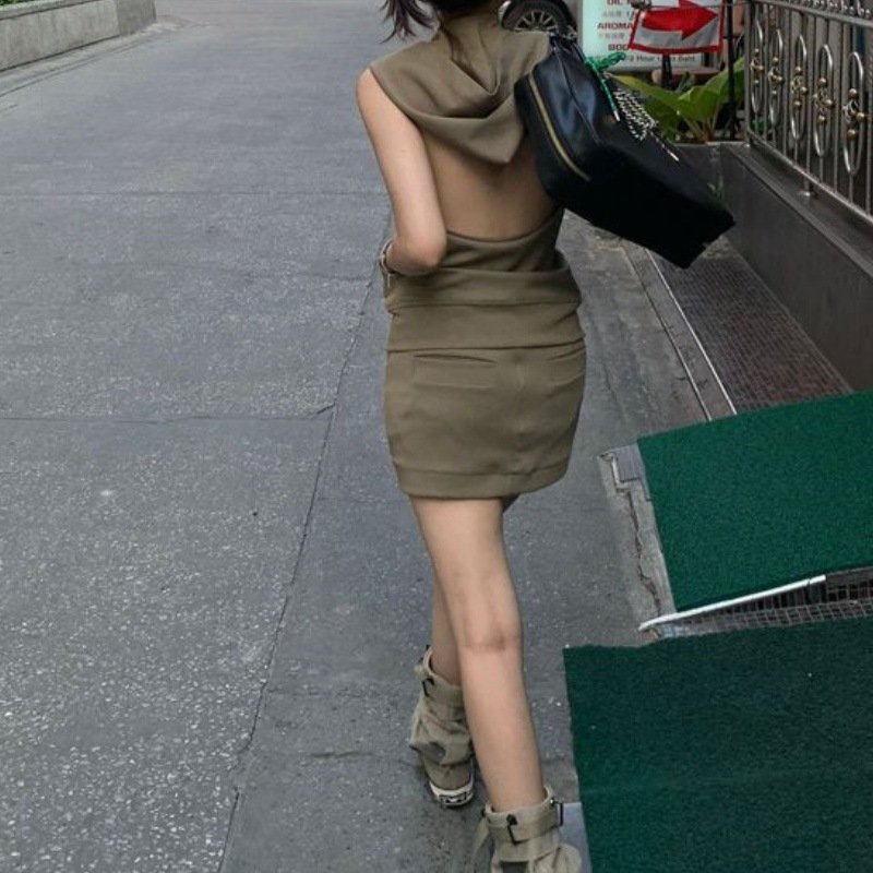 Vapetix S-XL Ladies' Casual Set 2025 Summer Backless Hooded Vest Top Tank Top with No Sleeve, Bodycon Short Skir