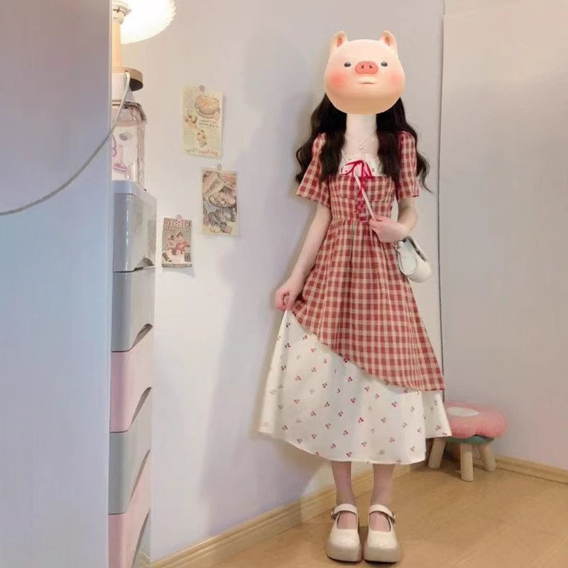 Vapetix S-XL Summer New Japanese Sweet Youthful Red Checkered Dress Lace Splicing Cherry Floral Print Two-Piece – Bild 2