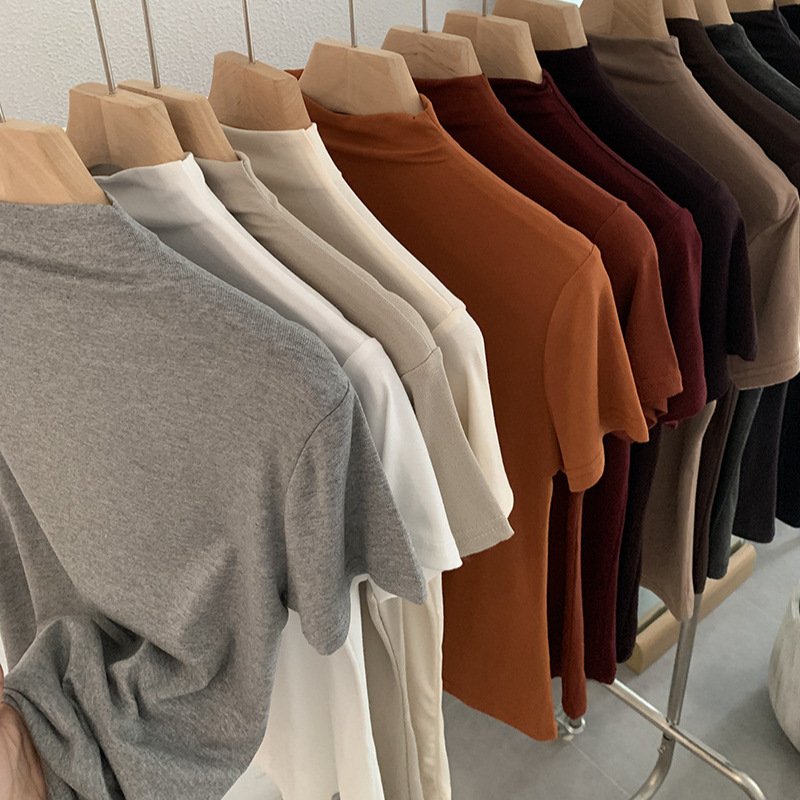 Vapetix Free Size-Free Size Omral Small Stand Collar Solid Color Slimming Short Sleeve Hooded T-Shirt 2025 Autumn New Women's B – Bild 2