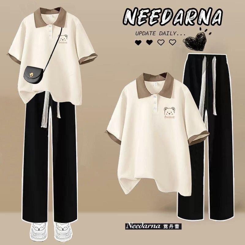 Vapetix ❀✿❀❀✿❀ ❁S Recommend within 85 lbs-❀✿❀❀✿❀ ❁2XL Suggests 131-155 lbs Summer Set Women's Student Korean Style Loose Fit Slimming Polo Neck T-shirt + Jeans College Style – Bild 2