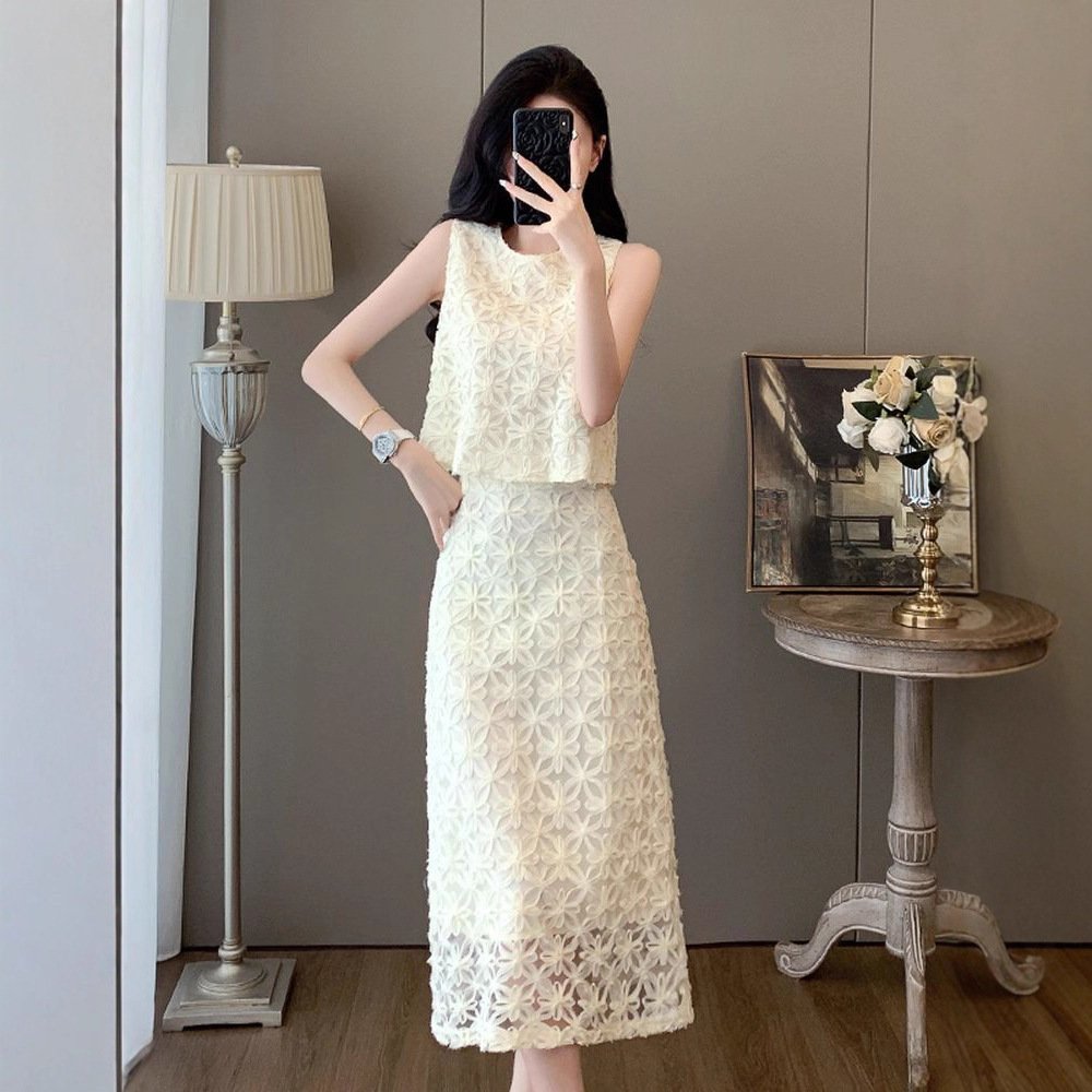 Vapetix M suggests 95-105 pounds-Suggests 135-150 lbs for 3XL Off-white French-style sleeveless lace two-piece dress for women: summer waist-defined, figure-flat – Bild 4