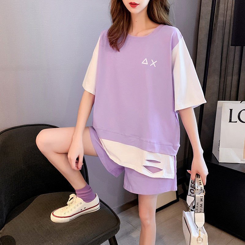 Vapetix M-XXXXL Summer Korean Style Casual Sports Set for Women: Short Sleeve T-Shirt and Shorts, Plus Size Loose a