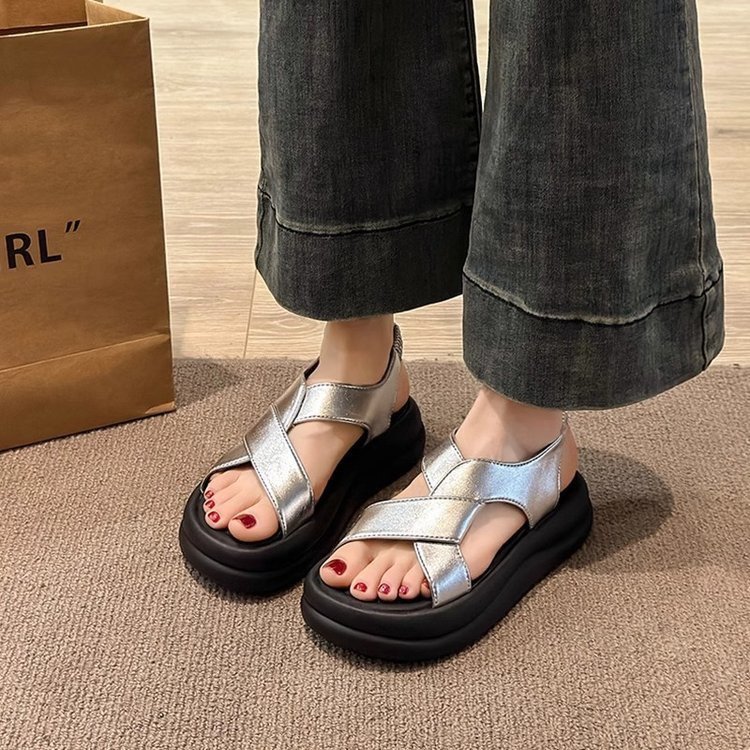 Vapetix 35-40 Women's 2025 Silver Thick-Heeled Elevation Sandals for Outdoor Wear, Pair with Skirts, Casual Roman – Bild 2