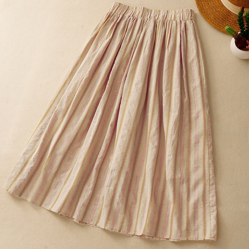 Vapetix L-2XL Women's Loose Relaxed A-line Semi-calf Maxi Skirt with Elastic Waist, Striped, 100% Cotton, Fashion - 图片 5