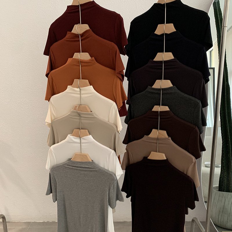 Vapetix Free Size-Free Size Omral Small Stand Collar Solid Color Slimming Short Sleeve Hooded T-Shirt 2025 Autumn New Women's B – Bild 3