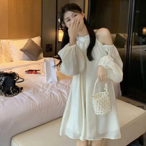 Vapetix S-2XL  Shoulder-Strap V-Neck Design Sensory Dress Autumn 2024 New Loose Fashion Elegant White A-Line Skirt