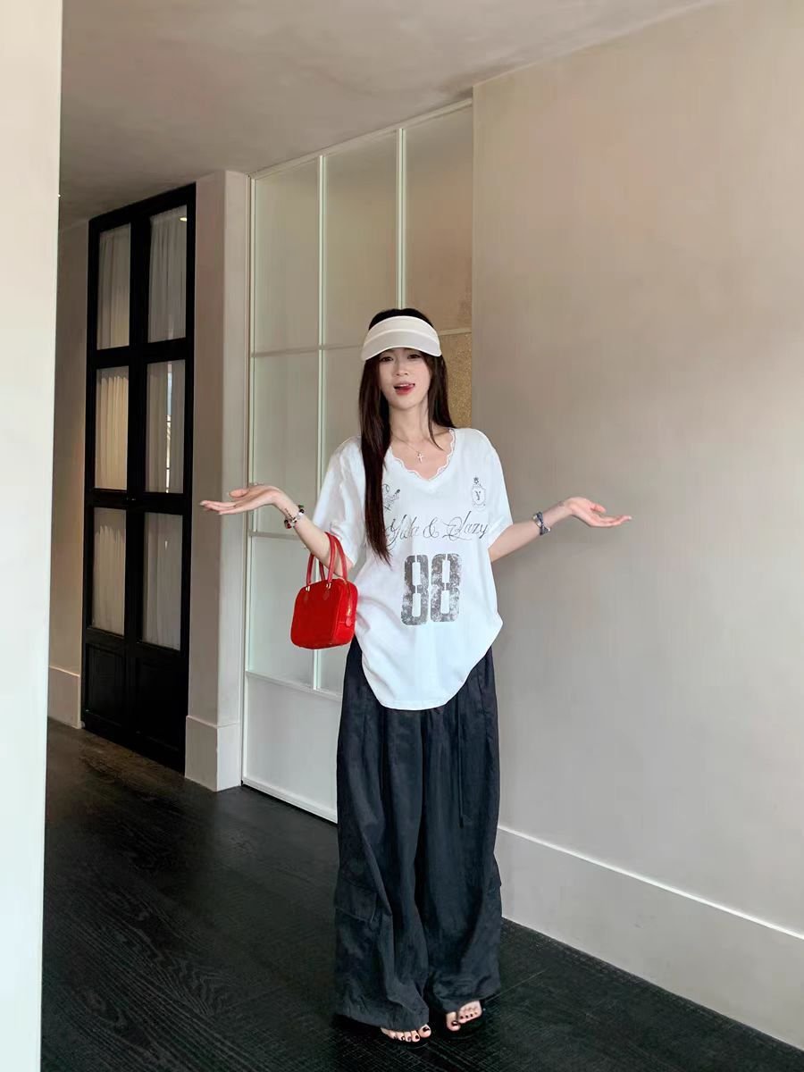 Vapetix S-XL Home Factory American Casual Style Lace Splicing V-Neck Short Sleeve T-Shirt Loose Letter Print Top – Bild 2