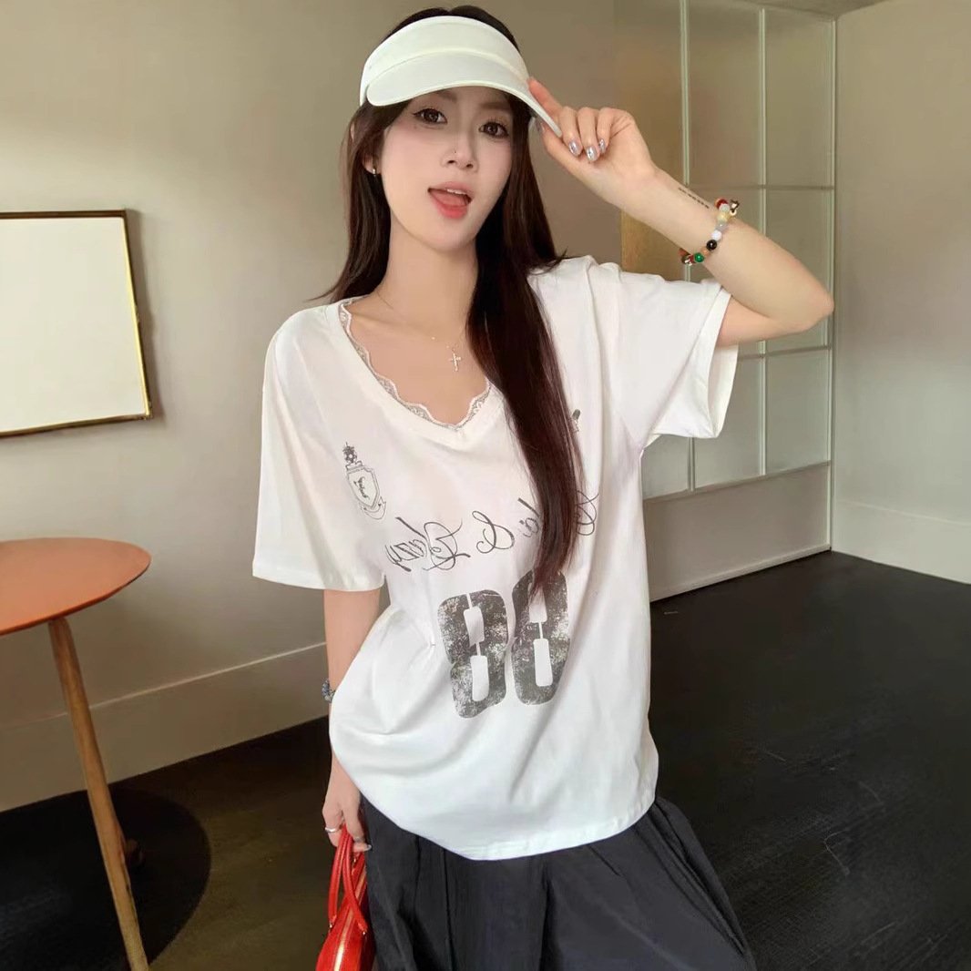 Vapetix S-XL Home Factory American Casual Style Lace Splicing V-Neck Short Sleeve T-Shirt Loose Letter Print Top – Bild 3