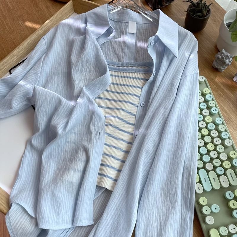 Vapetix XXS-3XL Outerwear set featuring a knitted open jacket, blue shirt, and a French-style long-sleeved thin sun – Bild 2