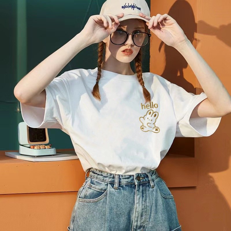 Vapetix M-XXXL Cotton Summer Women's Short Sleeve T-Shirt 2024 New Korean Style Loose Round Neck Basic Top Foreign – Bild 2