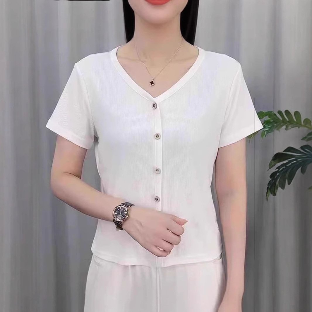 Vapetix M-4XL Summer Fashion Plus Size Women's Youthful Versatile Slimming Short Sleeve V-Neck Top High Quality B