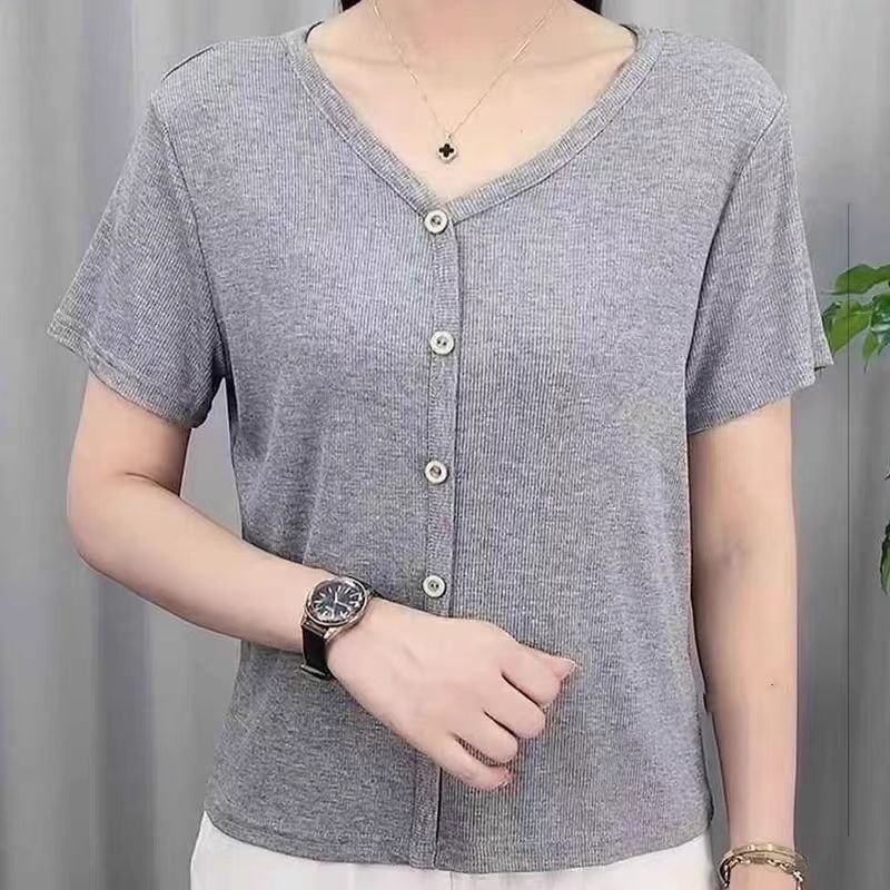 Vapetix M-4XL Summer Fashion Plus Size Women's Youthful Versatile Slimming Short Sleeve V-Neck Top High Quality B – Bild 2