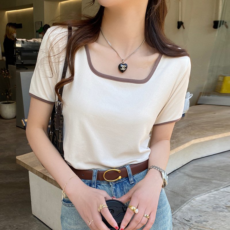 Vapetix S-XXL Selected high elastic thread cotton square collar short-sleeved T-shirt for women in summer new sty – Bild 2