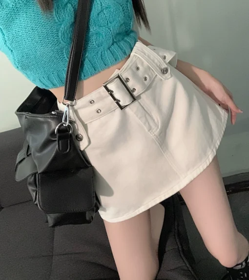 Vapetix S-XL  Real shot of hot girl American denim skirt female design slimming belt A-line anti-exposure shorts – Bild 2