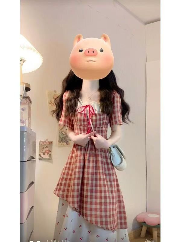 Vapetix S-XL Summer New Japanese Sweet Youthful Red Checkered Dress Lace Splicing Cherry Floral Print Two-Piece – Bild 3