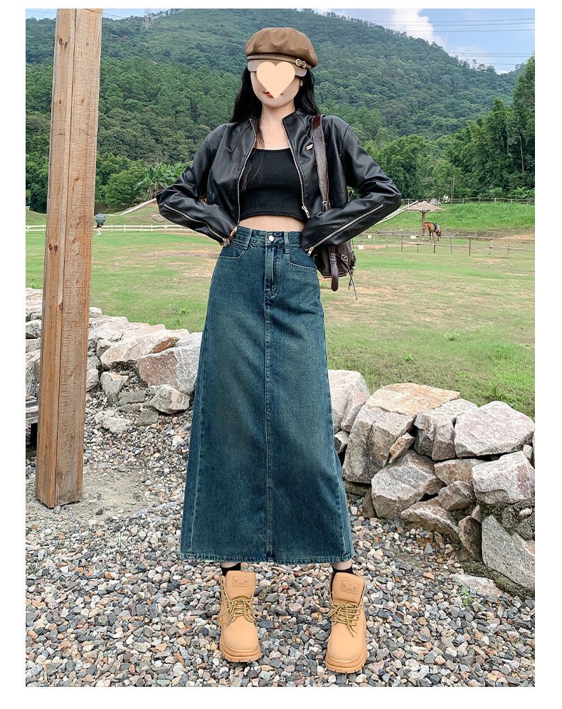 Vapetix XS-2XL Vintage Blue Subtle Slit A-Line Mini Skirt 2025 High-Waisted Hip-Hiding Versatile Medium-Length Den – Bild 2