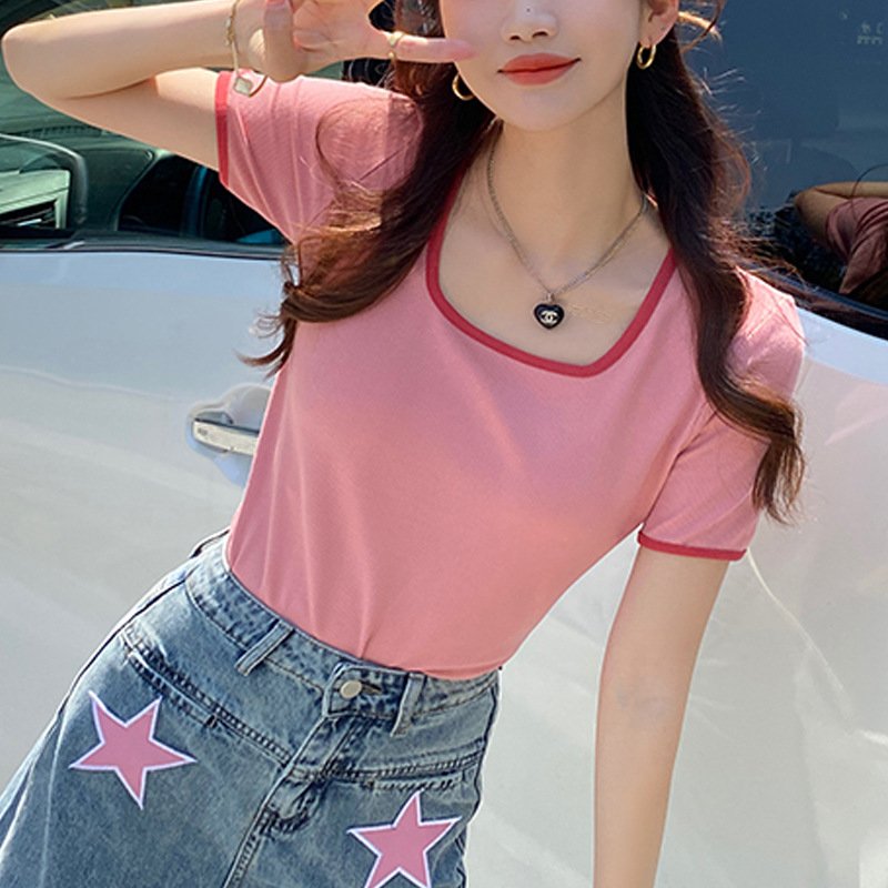 Vapetix S-XXL Selected high elastic thread cotton square collar short-sleeved T-shirt for women in summer new sty – Bild 3