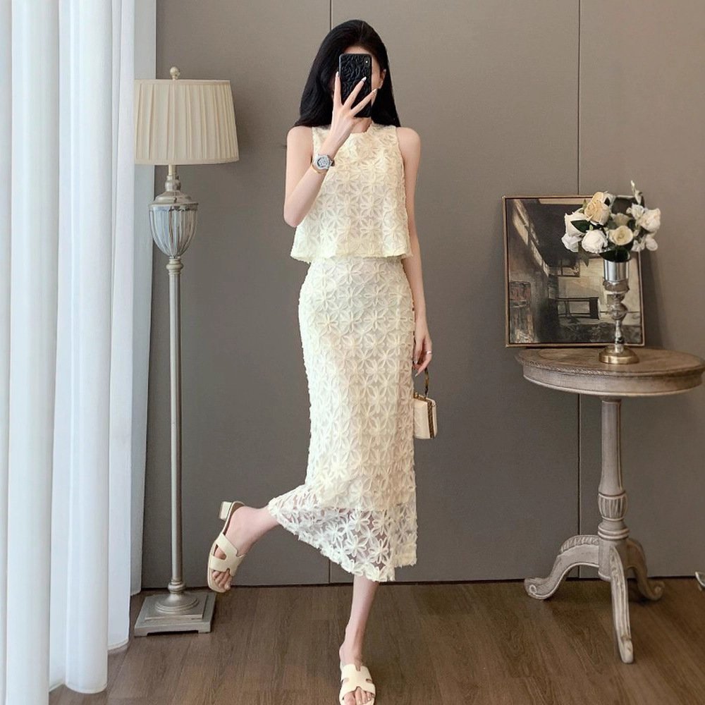 Vapetix M suggests 95-105 pounds-Suggests 135-150 lbs for 3XL Off-white French-style sleeveless lace two-piece dress for women: summer waist-defined, figure-flat – Bild 5