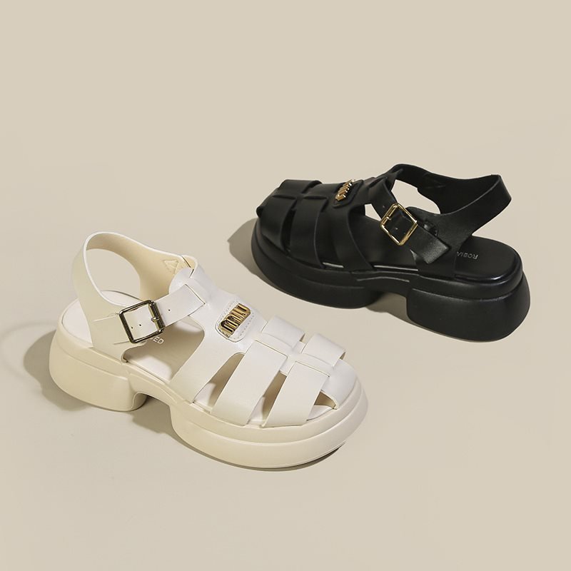 Vapetix 35-40 One-strap chunky-soled piggy-shaped beach shoes for summer, featuring a buckle design, woven textur