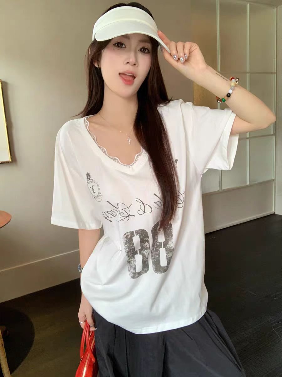 Vapetix S-XL Home Factory American Casual Style Lace Splicing V-Neck Short Sleeve T-Shirt Loose Letter Print Top – Bild 4