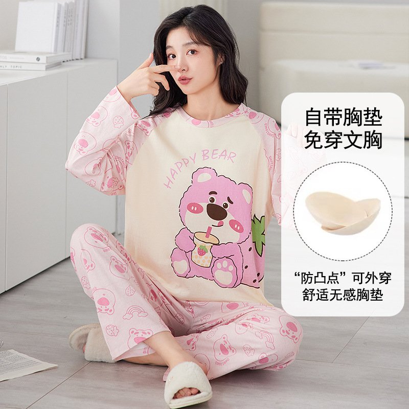 Vapetix M-XXL Ladies' Sleepwear Autumn Cotton-Like with Built-in Bra Cup One-Piece Long-Sleeve Set Spring and Aut – Bild 3