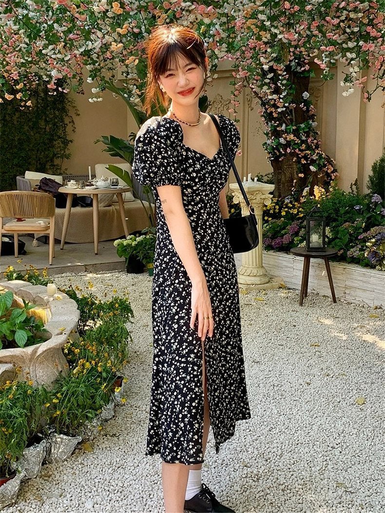 Vapetix 40/45kg/S-65/70kg/XXL French-style square-neck black floral children's summer dress for 2025, waist-cinching, slimming, e – Bild 5