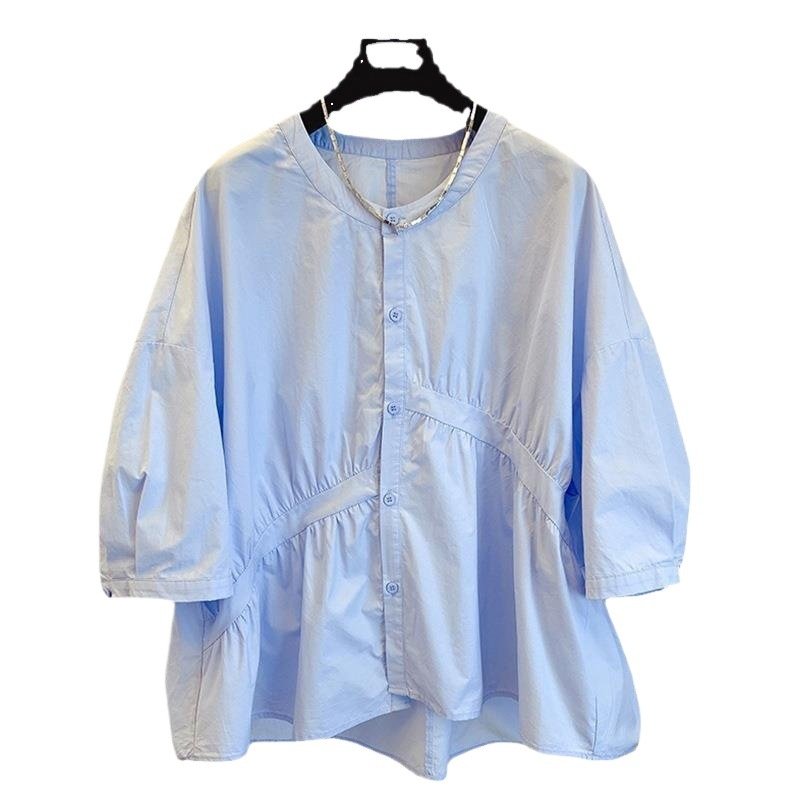 Vapetix S-3XL 1688 Summer Korean Design Small Size Loose Asymmetric Pleated Splicing Doll Shirt Women's Trendy – Bild 4