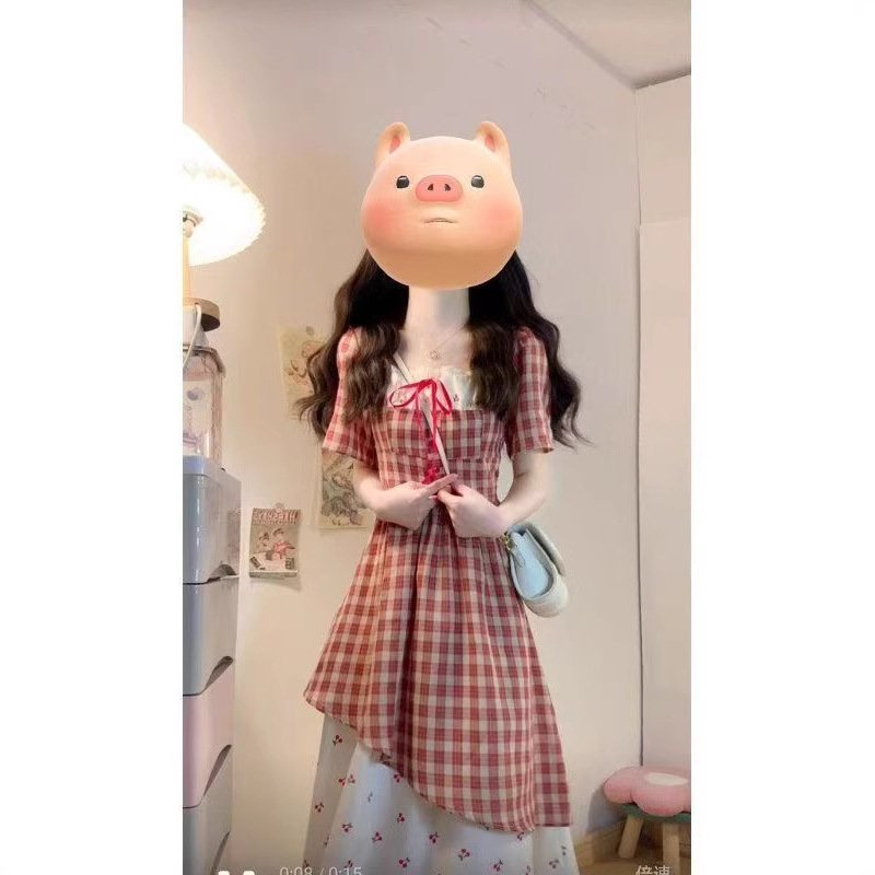 Vapetix S-XL Summer New Japanese Sweet Youthful Red Checkered Dress Lace Splicing Cherry Floral Print Two-Piece – Bild 5