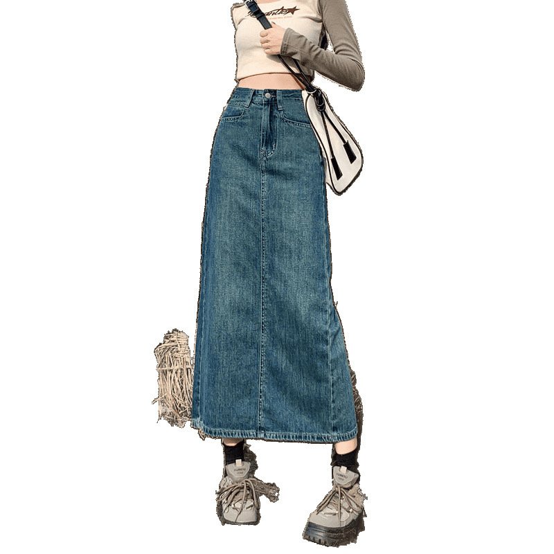 Vapetix XS-2XL Vintage Blue Subtle Slit A-Line Mini Skirt 2025 High-Waisted Hip-Hiding Versatile Medium-Length Den – Bild 4