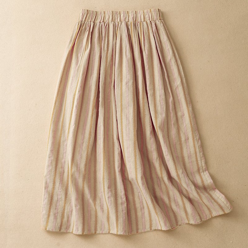 Vapetix L-2XL Women's Loose Relaxed A-line Semi-calf Maxi Skirt with Elastic Waist, Striped, 100% Cotton, Fashion - 图片 6