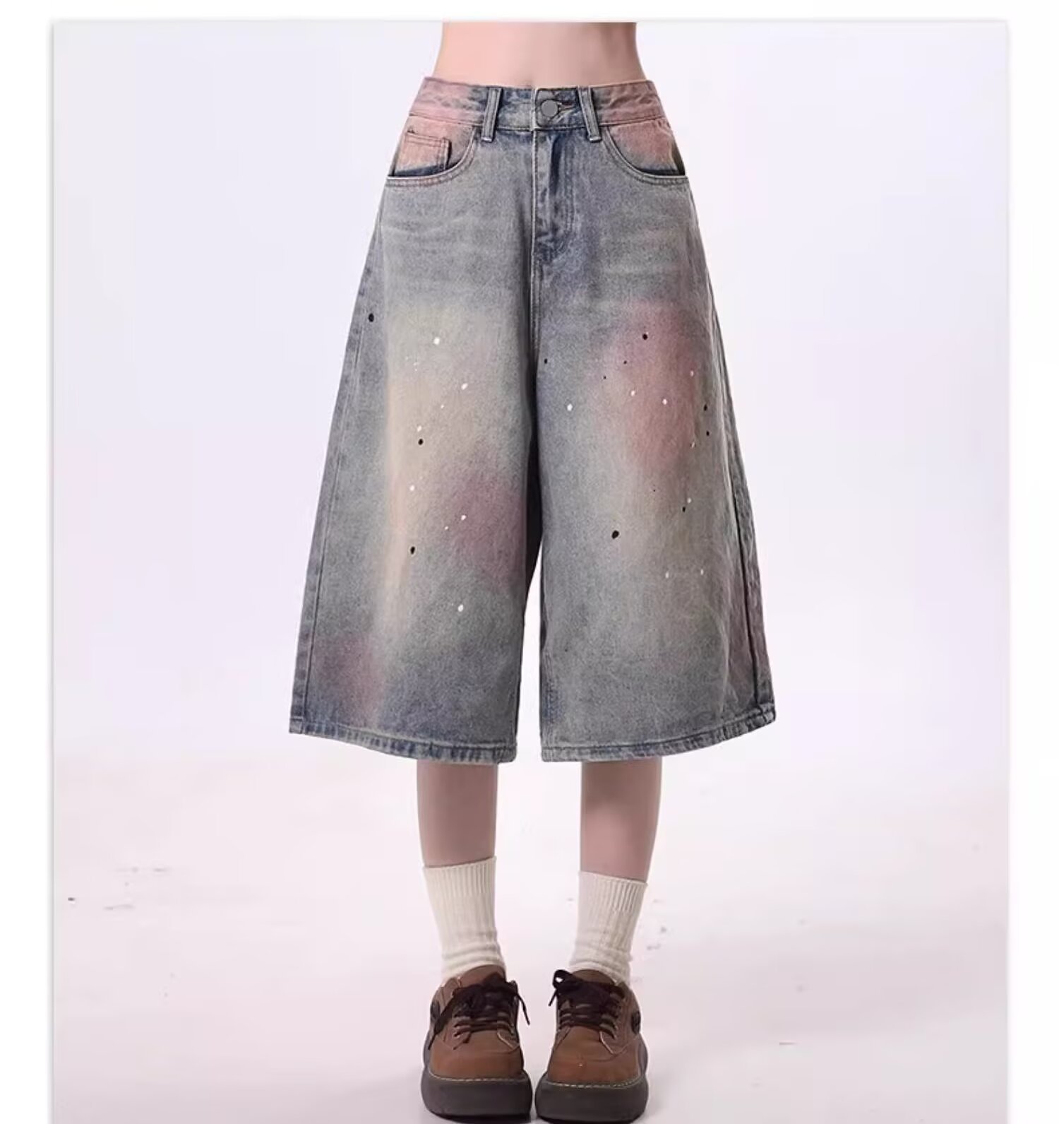 Vapetix S-4XL Vintage American Streetwear Relaxed Women's Summer Washed Retro Straight Leg Pants Ink Splash High – Bild 3