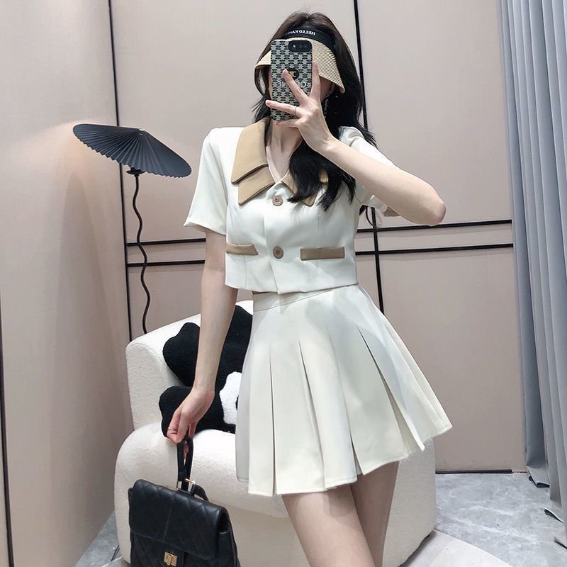 Vapetix ●S suggests 70-85 pounds●-●4XL recommended for 150-160 lbs● Small Suit Pleated Skirt Summer Korean-style Cropped Top + High-Waisted Short Skirt Designer 2-Piec – Bild 3