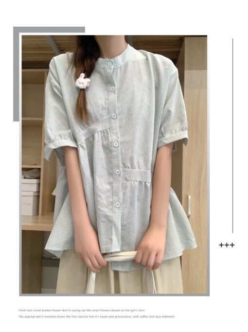 Vapetix XXS white spaghetti strap no print-3XL  Japanese-style lazy checkered shirt for women, summer irregular short-sleeve blouse with bubble sle – Bild 2