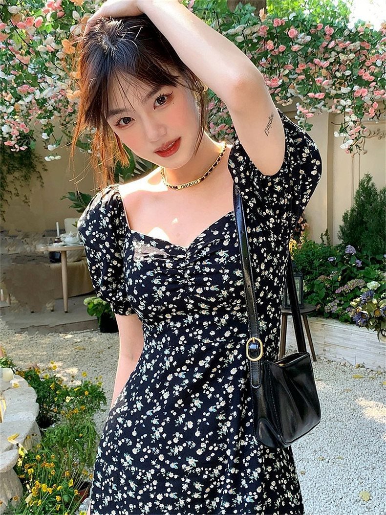 Vapetix 40/45kg/S-65/70kg/XXL French-style square-neck black floral children's summer dress for 2025, waist-cinching, slimming, e – Bild 6