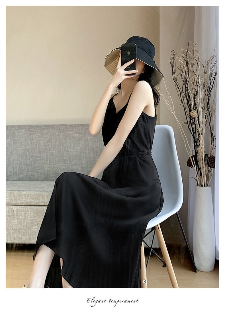 Vapetix S-xxxxs Black chiffon camisole dress, new women's summer long dress, temperament, slimming, innerwear base – Bild 4