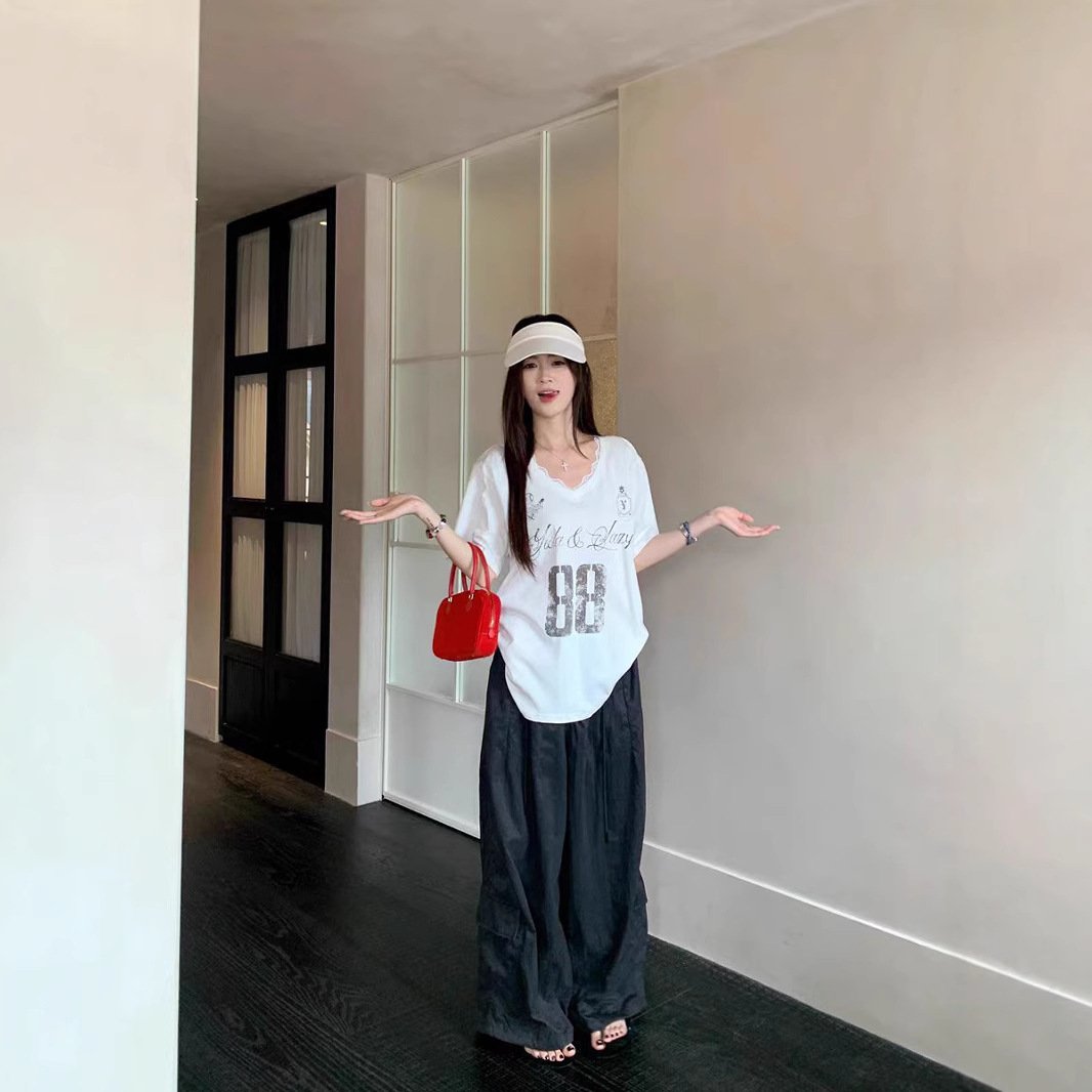 Vapetix S-XL Home Factory American Casual Style Lace Splicing V-Neck Short Sleeve T-Shirt Loose Letter Print Top – Bild 5