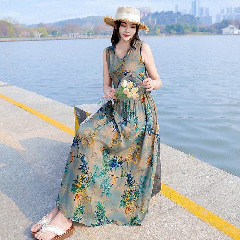 Vapetix XL size suggests 90-115 pounds-5XL suggests 160-175 pounds 2025 Summer Plus Size Cotton Satin Dress with Floral Print, Slimming Mother's Full-Skirted Beach Dr – Bild 6