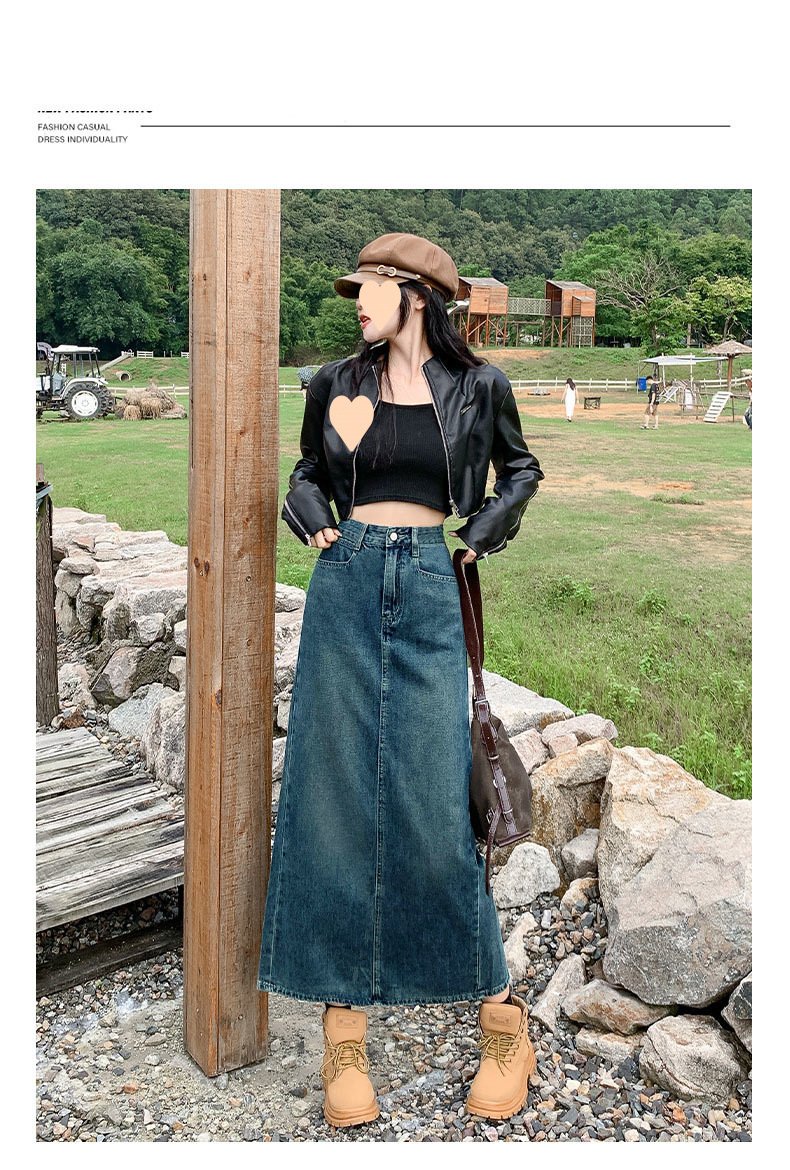 Vapetix XS-2XL Vintage Blue Subtle Slit A-Line Mini Skirt 2025 High-Waisted Hip-Hiding Versatile Medium-Length Den – Bild 5