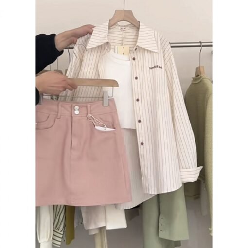 Vapetix ●M 【Suggested 40-50 kg】●-● 4XL 【Suggested for 180-200 lbs】●  Summer Gentle Style Women's Korean Version Tank Top Loose Striped Shirt Slimming Skirt Three-Piece – Bild 2