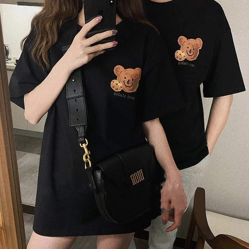 Vapetix M-2XL Roora Couple's Summer Outfit with Bear Design, Round Neck Short Sleeve T-Shirt, Trendy Brand, Influ - 图片 3