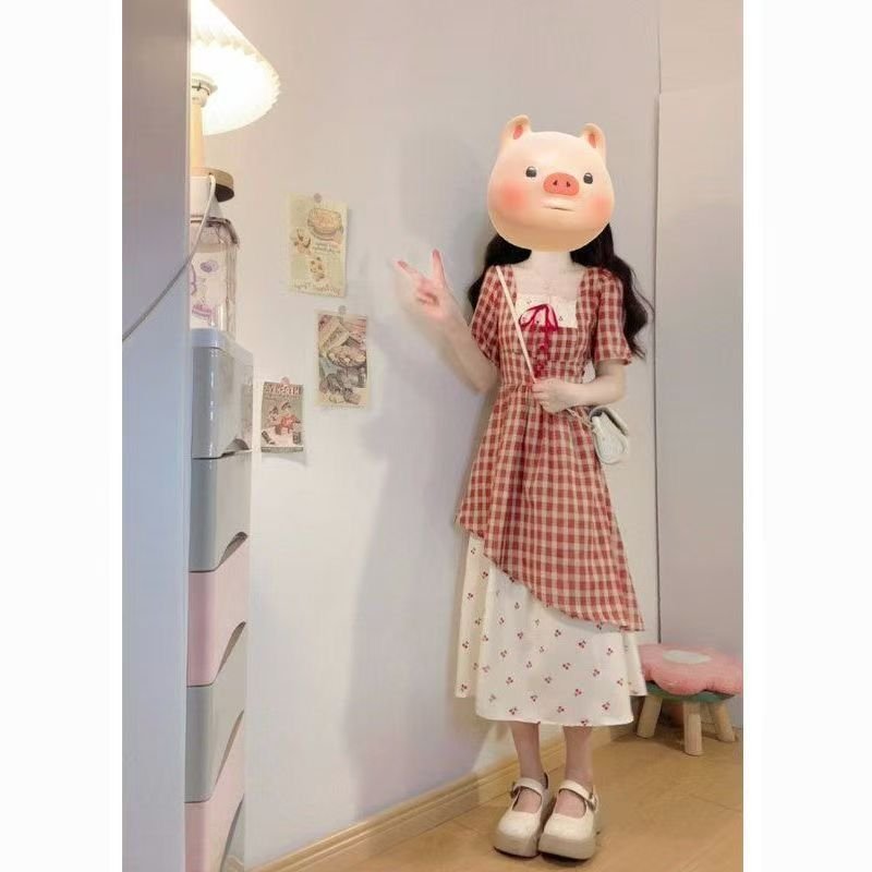 Vapetix S-XL Summer New Japanese Sweet Youthful Red Checkered Dress Lace Splicing Cherry Floral Print Two-Piece – Bild 6