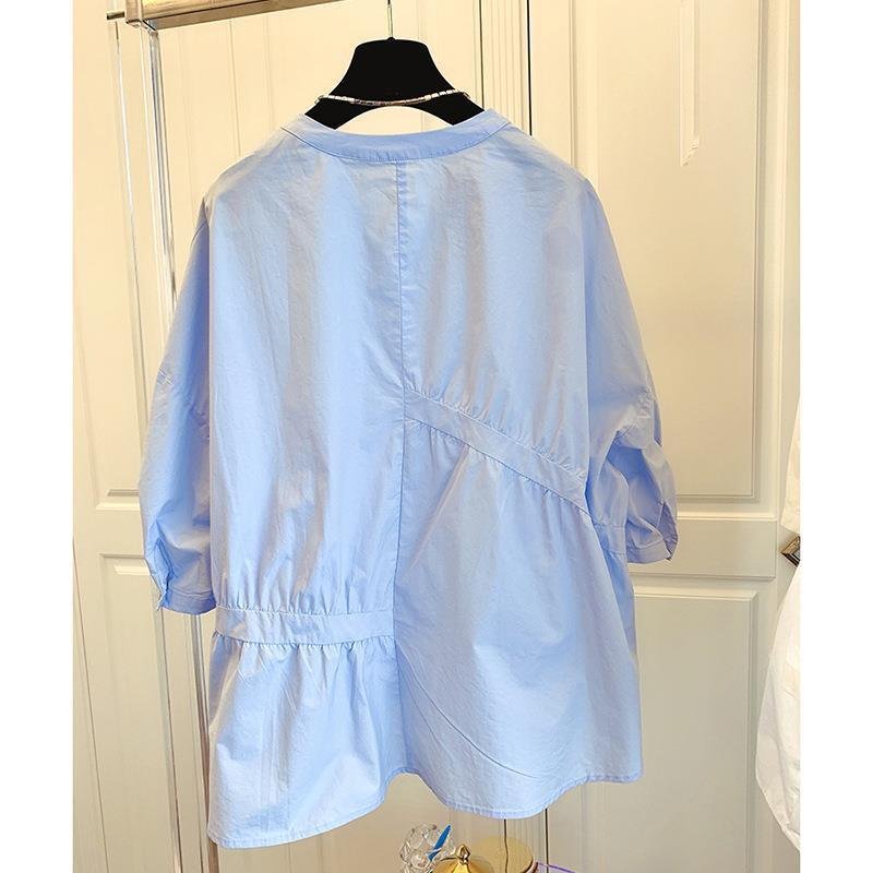 Vapetix S-3XL 1688 Summer Korean Design Small Size Loose Asymmetric Pleated Splicing Doll Shirt Women's Trendy – Bild 5