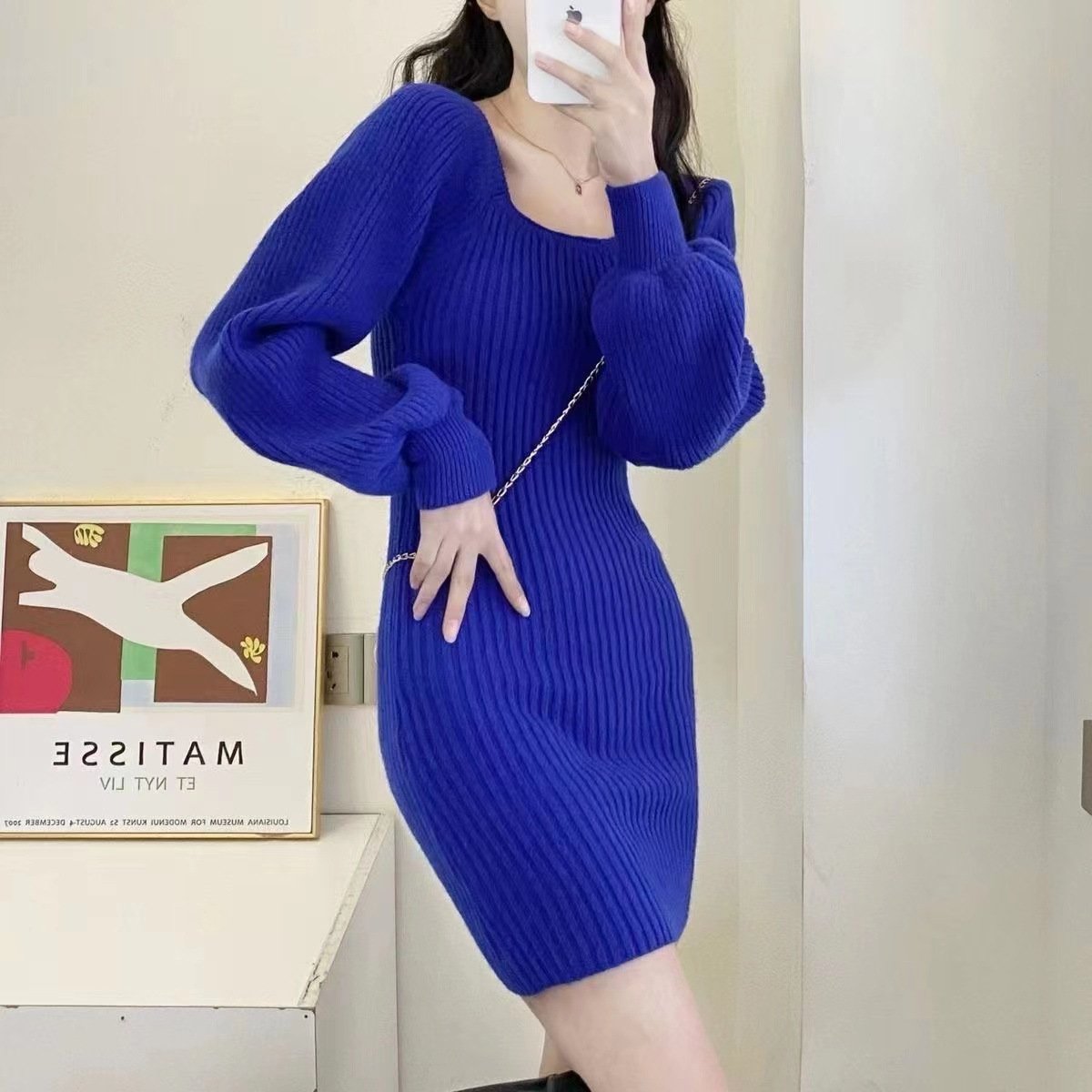 Vapetix Free Size-Free Size Tmall Quality French Style Petite Knit Autumn/Winter Design Lantern Sleeve Fashion Fitted Bodycon D – Bild 5