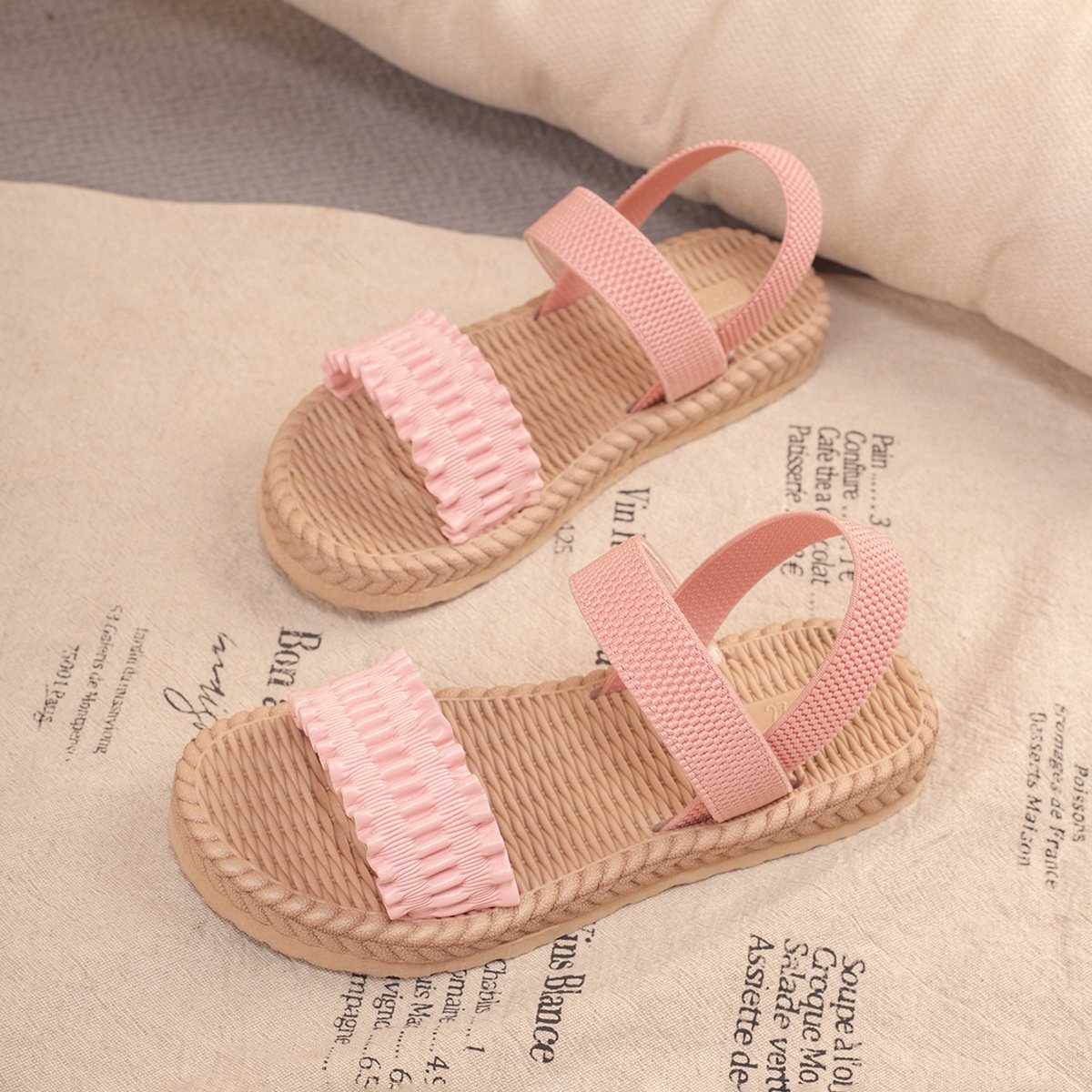 Vapetix 23-24-35-36 Flat children's sandals with elastic straps, cross design, summer outdoor wear, imitation grass wea – Bild 4