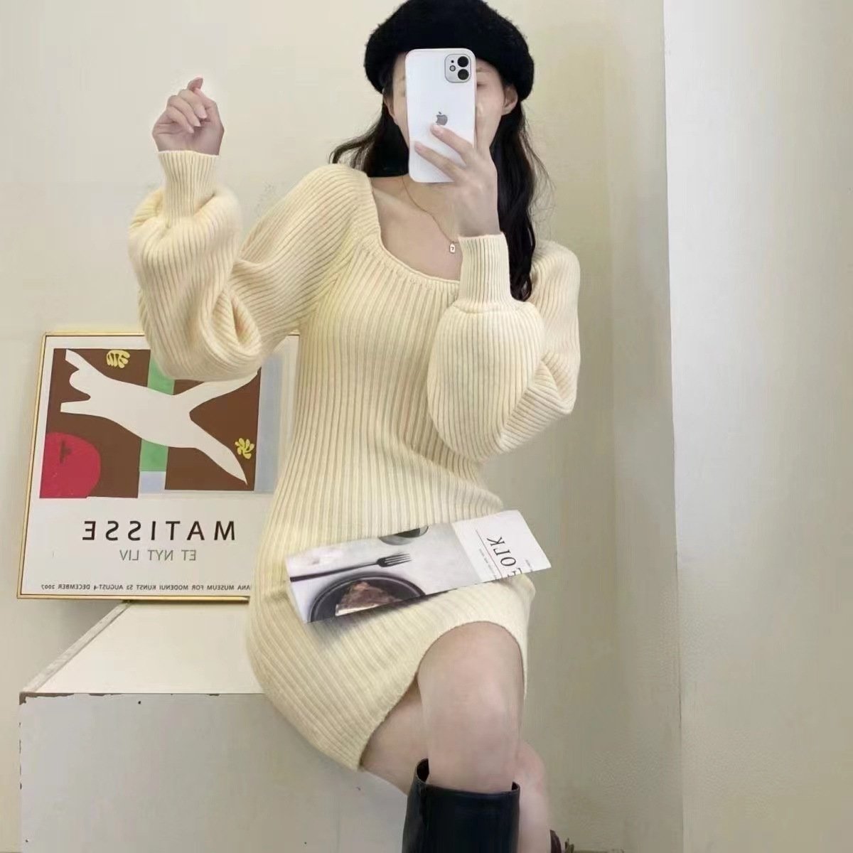 Vapetix Free Size-Free Size Tmall Quality French Style Petite Knit Autumn/Winter Design Lantern Sleeve Fashion Fitted Bodycon D – Bild 6