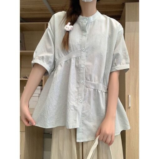 Vapetix XXS white spaghetti strap no print-3XL  Japanese-style lazy checkered shirt for women, summer irregular short-sleeve blouse with bubble sle – Bild 3