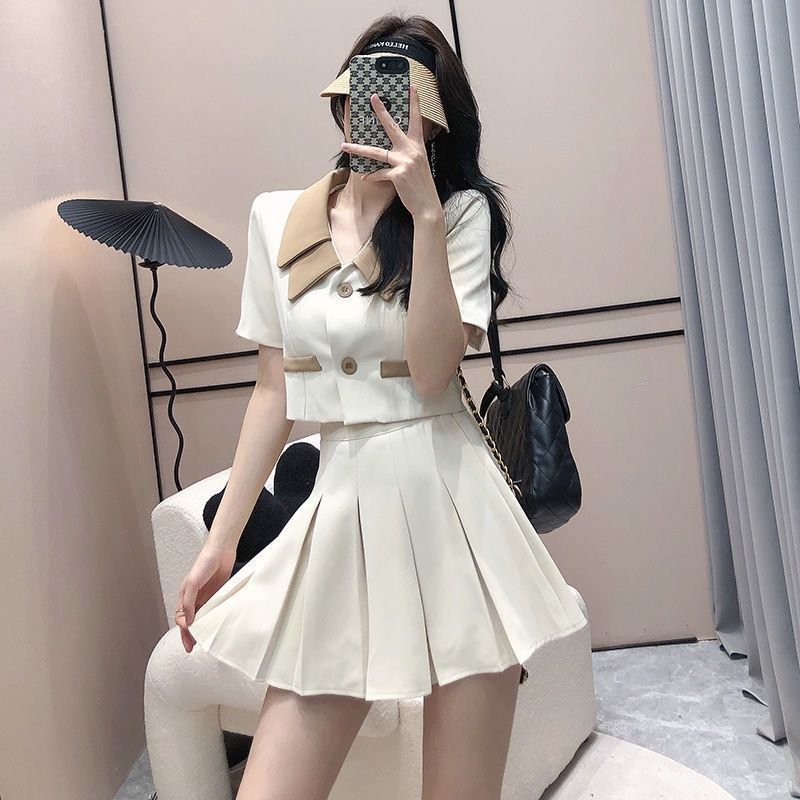 Vapetix ●S suggests 70-85 pounds●-●4XL recommended for 150-160 lbs● Small Suit Pleated Skirt Summer Korean-style Cropped Top + High-Waisted Short Skirt Designer 2-Piec – Bild 4