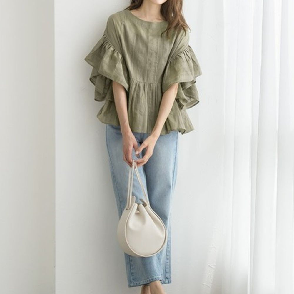 Vapetix Free Size-Free Size Japanese and Korean Style Instagram Women's Summer Short Sleeve Casual Lantern Sleeve A-line Hem Tu – Bild 5