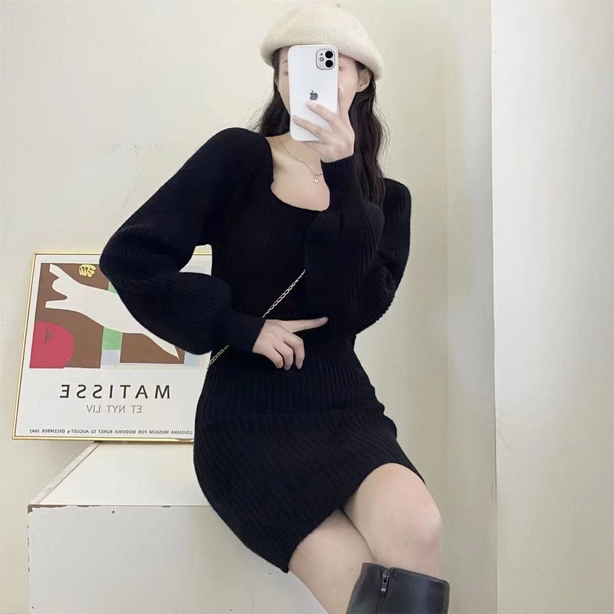 Vapetix Free Size-Free Size Tmall Quality French Style Petite Knit Autumn/Winter Design Lantern Sleeve Fashion Fitted Bodycon D – Bild 7