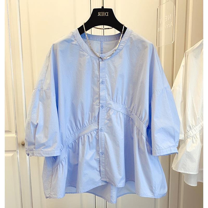 Vapetix S-3XL 1688 Summer Korean Design Small Size Loose Asymmetric Pleated Splicing Doll Shirt Women's Trendy – Bild 6